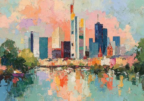 De skyline van Frankfurt bij zonsondergang