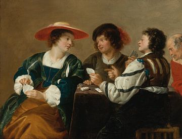 Een vrouw en drie mannen zitten rond een tafel te kaarten, Theodoor Rombouts