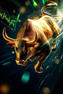 Gouden Stier met financiële grafiek van Poster Art Shop