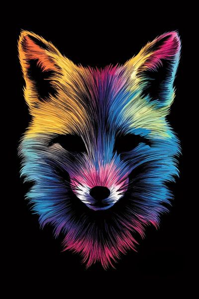 Lebendiger bunter Fuchs auf schwarzem Hintergrund von Art & Soul Creations