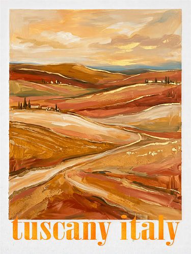 Affiche de voyage vintage représentant le paysage toscan, rehaussée de touches dorées
