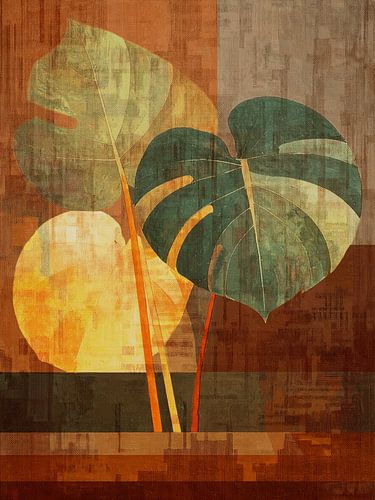 Feuilles de monstera abstraites dans des tons chauds de terre