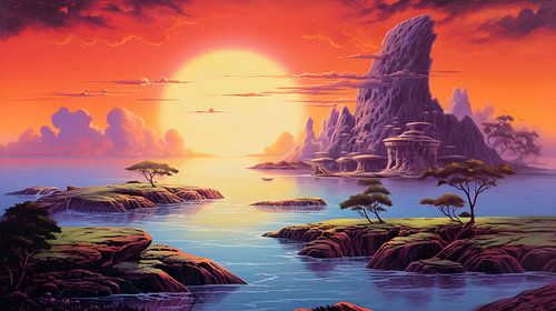 Inseln im Meer im Stil von Roger Dean, Sonnenuntergang