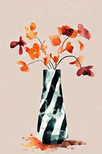 Kleurrijk gestreepte vaas met rood oranje bloemen