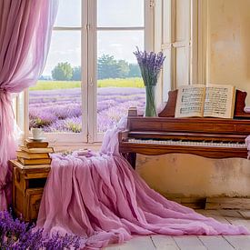 Dreamy Lavender Room with Piano – Magical Interior Art with Scenic Field View by ArtMomente