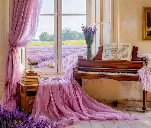 Une chambre de rêve aux tons lavande avec un piano – Un décor intérieur enchanteur offrant une vue panoramique sur la campagne