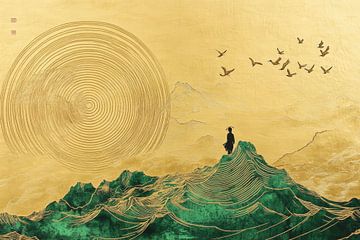 Rustiek berglandschap met Chinese inkt en gouden zon van Digitale Schilderijen