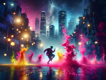 Hip hop danser danst in de straten van de grote stad bij nacht met paintball op de straat van Eye on You