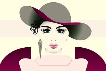 Lady with large hat in aubegine and grey-green by Yke de Vos