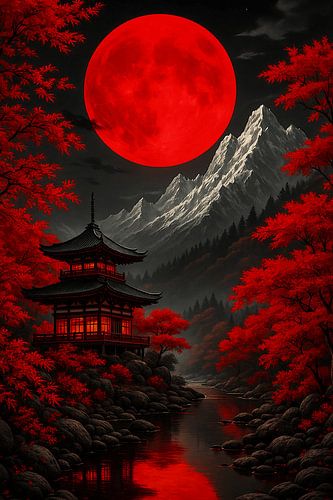 Red Moon Over Kyoto Temple