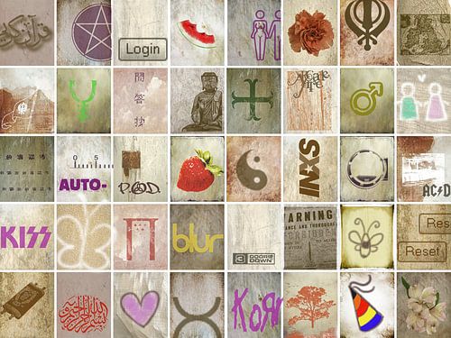 Collage met symbolen, tekst en krabbels