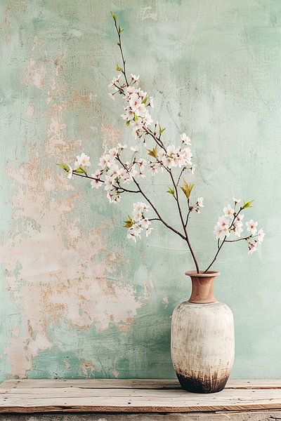 Japandi Blossom Branch auf Mint Kreidefarbe von Marijke Trienekens