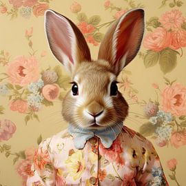 Portrait of brown rabbit in flowered dress by Vlindertuin-Art
