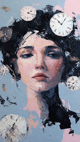 Melancholic Woman Surrounded By Floating Clocks