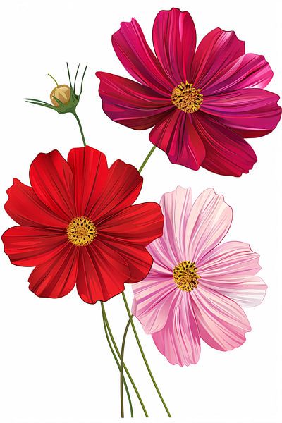 Drei Cosmos-Blüten in zarten Farben von Imperial Art House