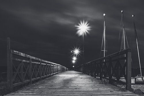 Voetgangersbrug bij het meer van Zarnowitz in Polen op een warme zomeravond in zwart wit