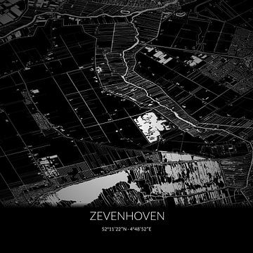Carte en noir et blanc de Zevenhoven, en Hollande méridionale. sur Rezona