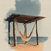 Strandhütte mit Hängematte - Aquarellmalerei im Küstenstil von Peter Pen Zeichnungen und Gemälde