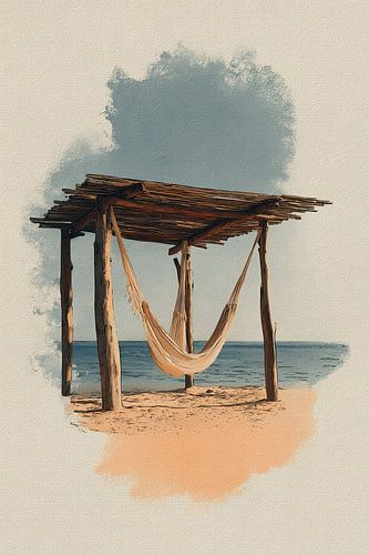 Beach cabin with hammock - coastal style watercolour painting