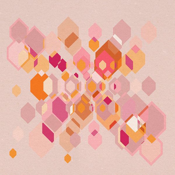 Colorful 70s retro geometric abstraction in pink, yellow, lilac by Dina Dankers