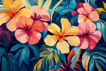 Tropische bloemen in levendige tinten van Digitale Schilderijen