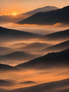 Foggy sunrise hilly landscape