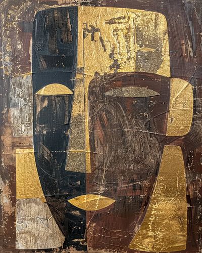 Monumentale abstrakte Stammesmaske in Gold- und Erdtönen