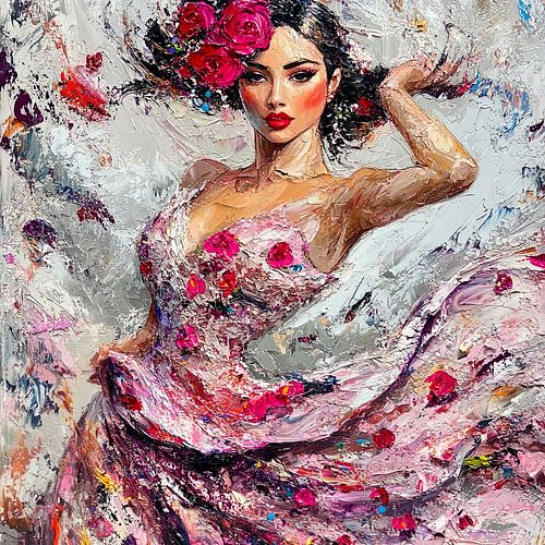 Danseuse de flamenco impressionniste et dynamique en rose