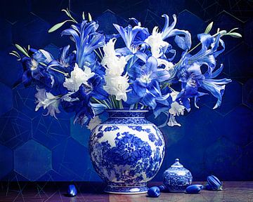 Boeket blauw witte bloemen in Delfts Blauwe vaas