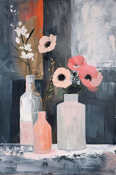 Moderne abstracte bloemen in vazen schilderij van Art & Soul Creations