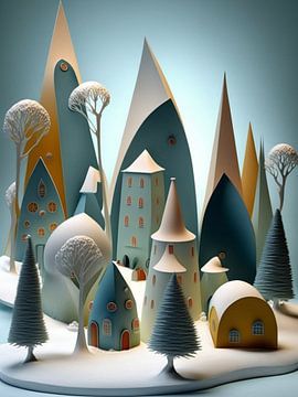 Stadsgezicht winter huizen bomen papier surrealistisch van gm_designs