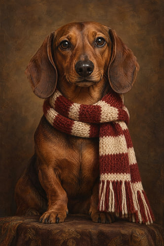 Dachshund with a striped knitted scarf