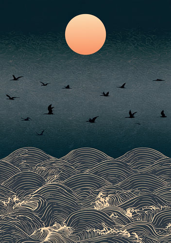 Japanese Wave Harmony | Wave motifs featuring cranes and the evening sun