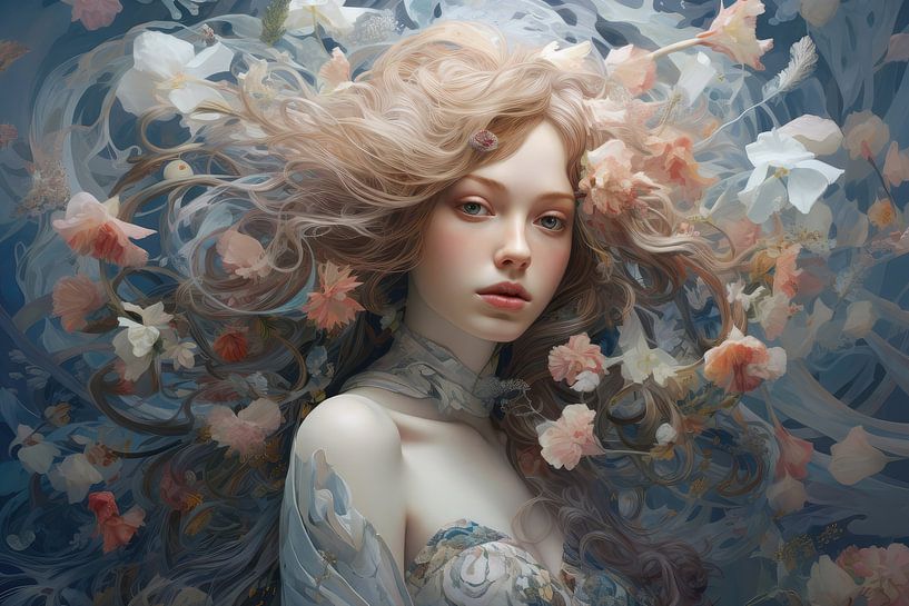 Hele mooie vrouw met bloemen in haar haren van Art Bizarre
