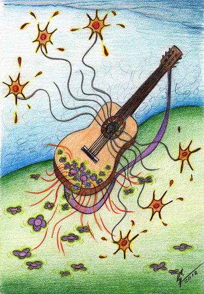 Kleurrijke fantasie tekening van een spaanse gitaar sur Gabi Gaasenbeek