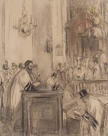 Salom Garf - Interieur van de Portugees-Israëlitische Synagoge, Mr. Visserplein Amsterdam, tijdens een dienst
