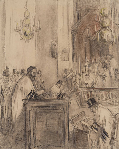 Salom Garf - Interieur van de Portugees-Israëlitische Synagoge, Mr. Visserplein Amsterdam, tijdens een dienst van Atelier Liesjes