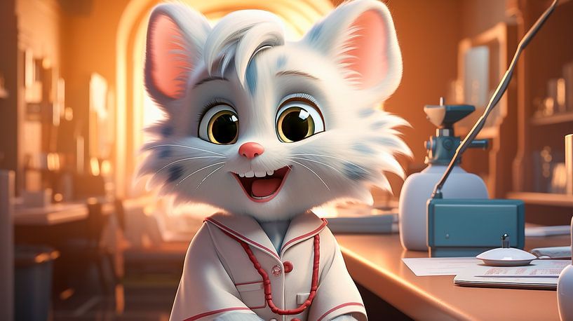 Katzen Ärztin in ihrem Arztzimmer am Schreibtisch, Illustration von Animaflora PicsStock