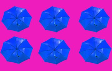 Blue umbrella's on pink by Patricia Hofmeester