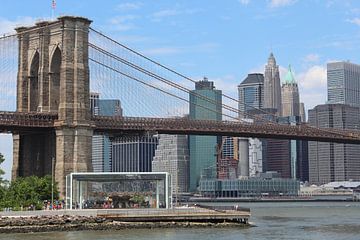 Draaimolen onder de Brooklyn Bridge met de skyline van New York