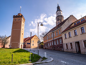 Roter Turm mit Hauptkirche St. Marien in Kamenz Sachsen