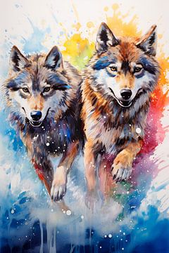 Running wolves in watercolour by Richard Rijsdijk