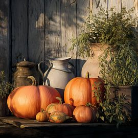 Een rustiek stilleven van herfstpompoenen van Ariadna de Raadt-Goldberg