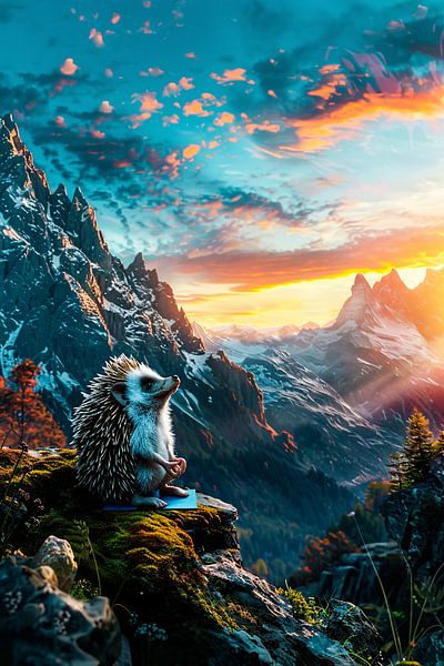 Hérisson méditant dans les montagnes par Art & Soul Creations