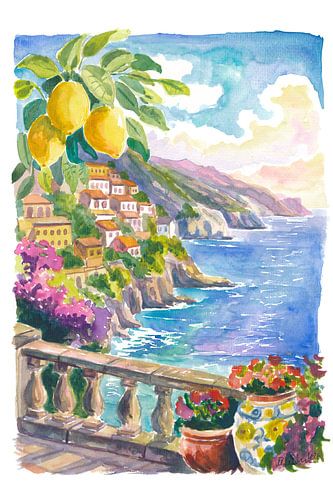 Vue sur la côte amalfitaine avec ses citronniers, ses bougainvilliers et la Méditerranée