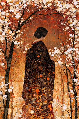 Élégance dorée - Portrait d'une femme en kimono avec des feuilles d'automne