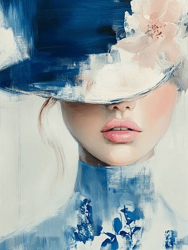 Modern abstract portret in Delfts Blauw van Carla Van Iersel