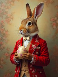 Élégant lapin de Pâques avec un œuf fleuri