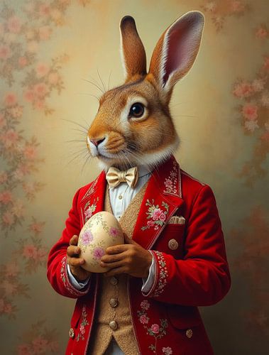 Élégant lapin de Pâques avec un œuf fleuri
