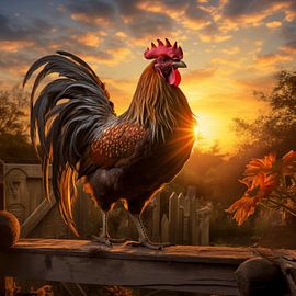 Un coq chante au lever du soleil, perché sur une vieille clôture en bois, avec le soleil qui se lève en arrière-plan.